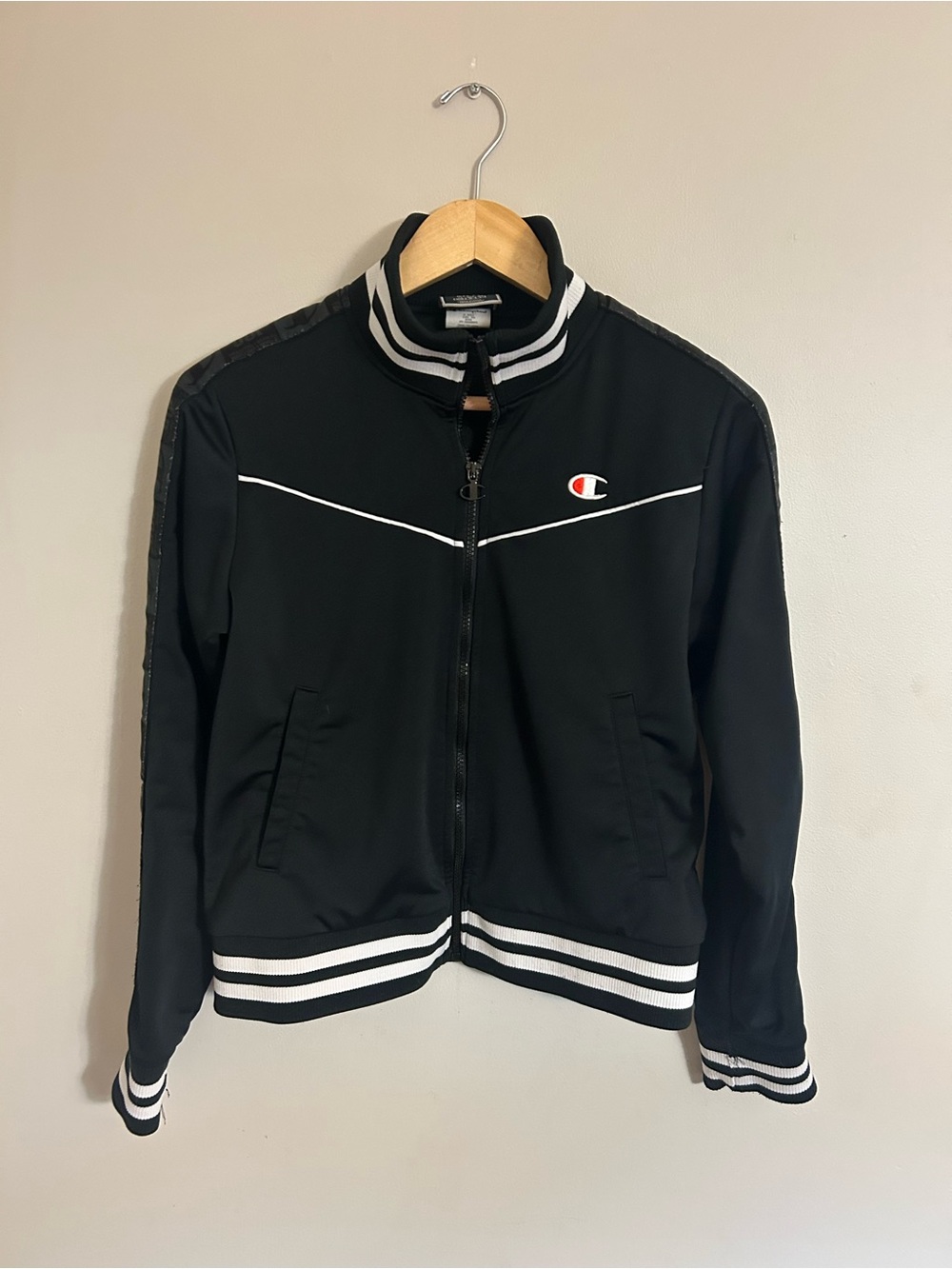 Champion Black Track Jacket with White Piping and Striped Trim